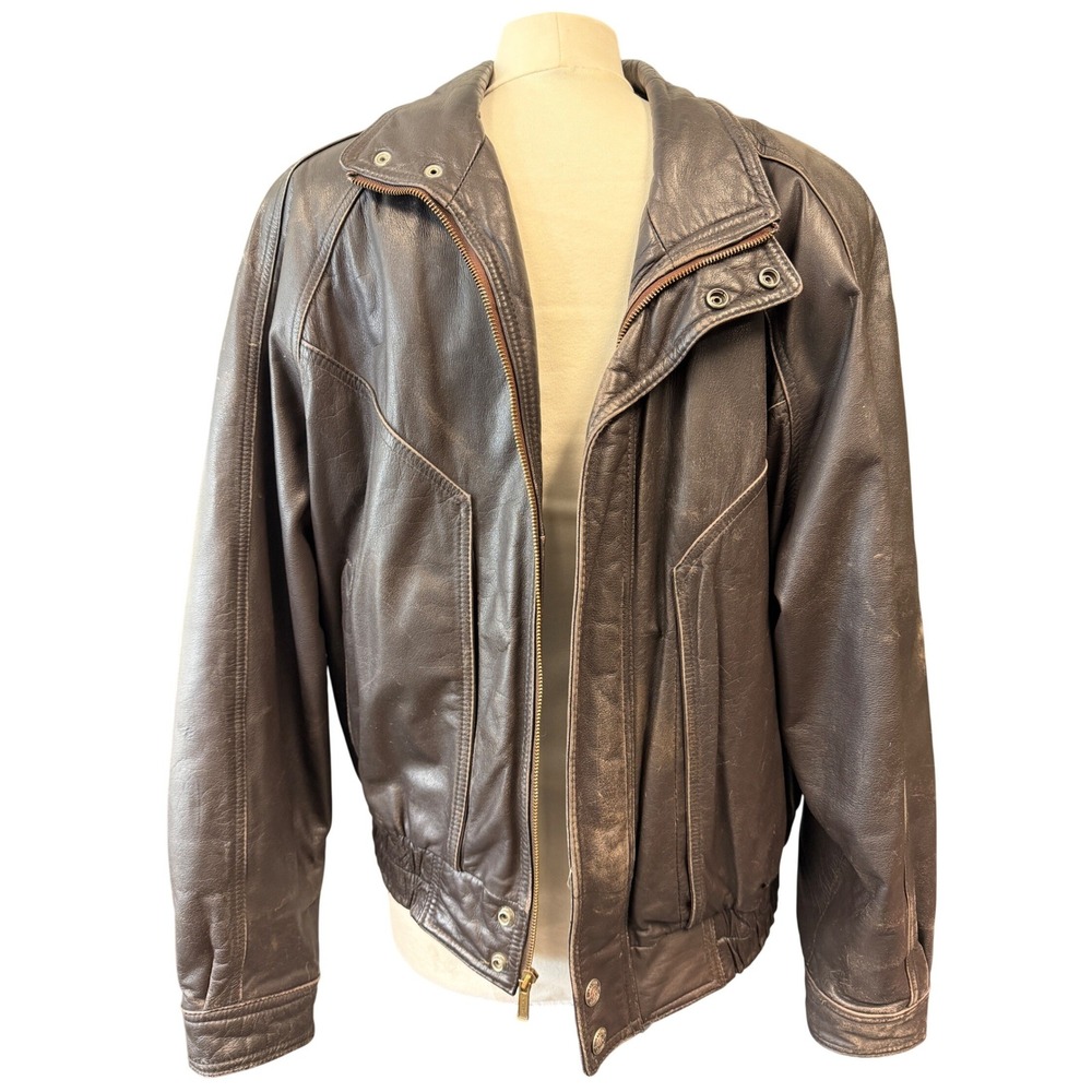Wilsons Leather Mens Brown Vintage Bomber Jacket Distressed Western Yoke Zip Up